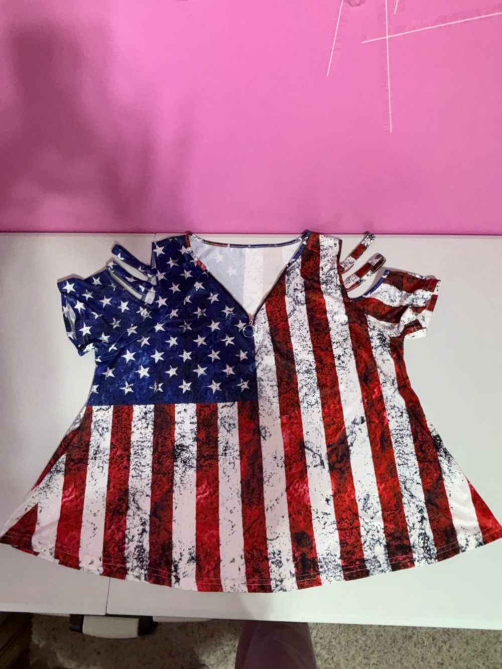 Women's Cold-Shoulder US Flag Print Tunic Top - Red, White & Blue - Picture 9 of 13